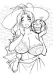  antenna_hair blush breasts cleavage cosplay detached_sleeves dragon's_crown food fruit greyscale hand_on_own_face hat highres huge_breasts long_hair love_hina matsu-sensei monochrome otohime_mutsumi skirt solo sorceress_(dragon's_crown) sorceress_(dragon's_crown)_(cosplay) watermelon witch_hat 