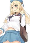  atago_(kantai_collection) bag blonde_hair blue_hat blush breasts green_eyes hat kantai_collection large_breasts long_hair long_sleeves navel nekoume school_bag school_uniform serafuku simple_background skirt smile solo white_background 