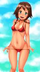  4shi :d amy_(suisei_no_gargantia) bikini bikini_pull blue_background braid breasts brown_hair cleavage covered_nipples green_eyes medium_breasts navel open_mouth red_bikini short_hair side-tie_bikini smile solo sparkle suisei_no_gargantia swimsuit twin_braids 