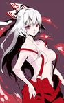  atoshi bow breasts fujiwara_no_mokou hair_bow long_hair medium_breasts pants parted_lips red_eyes simple_background solo suspenders topless touhou white_hair 