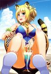  :d absurdres animal_ears armband bare_shoulders beach between_breasts bikini blonde_hair blue_bikini blush body_blush braid breasts chair cherry covered_nipples day drink fingernails food fruit green_eyes hair_over_shoulder hair_up highres koume_keito large_breasts legs_up long_hair martini nail_polish non-web_source open_mouth original sandals scan sitting smile solo swimsuit tail tiger_ears tiger_tail toenail_polish toenails toes toranoana 