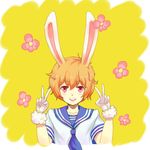  animal_ears blonde_hair bunny_ears bunnyboy double_v flower free! hazuki_nagisa male_focus oka_(540777143) open_mouth red_eyes school_uniform serafuku smile v 
