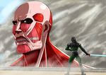  1boy absurdres antennae belt colossal_titan commentary_request confrontation crossover energy_sword fighting_stance giant highres holding holding_sword holding_weapon kamen_rider kamen_rider_black_rx kamen_rider_black_rx_(series) monster muscular revolcane shingeki_no_kyojin size_difference smoke standing sword taka_(takahirokun) titan_(shingeki_no_kyojin) upper_body weapon 
