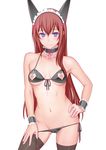  animal_ears ass_visible_through_thighs bare_shoulders bikini black_legwear blue_eyes blush breasts brown_hair cat_ears choker fake_animal_ears front-tie_top hand_on_hip heart_cutout highres long_hair looking_at_viewer makise_kurisu md5_mismatch medium_breasts navel nippleless_clothes nipples shoumaru_(gadget_box) simple_background smile solo standing steins;gate swimsuit thighhighs very_long_hair white_background wrist_cuffs 