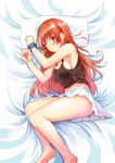 1girl attsun_(atsushi_jb) barefoot bed breasts commentary_request itou_kaede large_breasts legs long_hair looking_at_viewer photoshop_(medium) pillow red_eyes red_hair seifuku! skirt solo thighs 