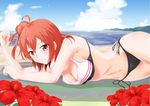  beach bikini breasts cloud day flower hair_bun hibiscus lying medium_breasts navel ocean on_side outdoors red_eyes red_hair short_hair sky smile solo swimsuit water yahari_ore_no_seishun_lovecome_wa_machigatteiru. yuigahama_yui yuuki_kazuhito 