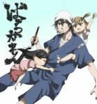  2girls bandana barakamon black_hair brown_hair calligraphy_brush carrying child clinging closed_eyes hair_ornament hairclip handa_seishuu japanese_clothes jinbei_(clothes) kabochara kotoishi_naru kubota_hina multiple_girls paintbrush piggyback side_ponytail smile tenugui younger 