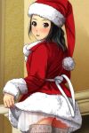  1girl :d ass black_hair blush brown_eyes commentary_request dress fingernails forehead fur-trimmed_dress fur-trimmed_hat fur-trimmed_sleeves fur_trim hat highres long_hair long_sleeves looking_at_viewer looking_back matsunaga_kouyou nose_blush open_mouth original red_dress red_hat santa_costume santa_hat see-through sleeves_past_wrists smile solo thighhighs 