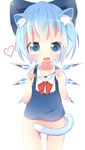  akisha animal_ears bad_id bad_pixiv_id blue_eyes blue_hair bottomless bow cat_ears cat_tail cirno covering covering_crotch fangs hair_bow heart ice ice_wings open_mouth panties panties_removed shirt short_hair short_sleeves simple_background smile solo striped striped_panties tail touhou underwear vest white_background wings 