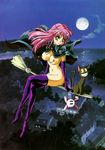  80s boots breasts cat cloak floating flying full_moon green_eyes highres hood mon-mon_(miyazaki_kenjin) moon night nipple_piercing nipple_ring nipple_rings nude official_art oldschool pet piercing pink_hair witch 