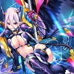  armor bad_id bad_pixiv_id breast_squeeze breasts cleavage eigou_no_venus_gear grin highres large_breasts lying mechanical on_side original pointy_ears purple_eyes purple_hair smile thighhighs watermark weapon wings yamacchi 