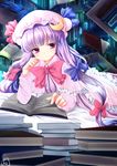  book book_stack bookshelf bow capelet chize coat crescent dress floating_book hair_ribbon hat library long_hair long_sleeves lying on_stomach open_clothes open_coat patchouli_knowledge pink_eyes purple_dress purple_hair ribbon solo striped striped_dress touhou tress_ribbon very_long_hair 