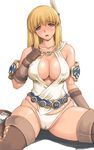  armor belt blonde_hair blue_eyes boots breasts brown_footwear cleavage fingerless_gloves gloves ishida_masayuki large_breasts open_mouth panties pussy_juice sitting solo sophitia_alexandra soulcalibur tareme thigh_boots thighhighs underwear white_background 