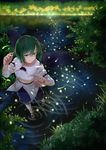  antennae armband blouse fireflies foreshortening forest grass green_eyes green_hair hand_up highres light_trail mary_janes nathaniel_pennel nature no_socks ripples shoes short_hair shorts smile solo touhou tree walking walking_on_liquid water wriggle_nightbug 