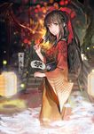  aituoku alternate_costume bad_id bad_pixiv_id blurry bokeh bow brown_eyes brown_hair candy candy_apple depth_of_field fan festival food from_side hair_bow hakurei_reimu japanese_clothes kimono lantern long_hair looking_at_viewer night paper_fan paper_lantern smile solo summer summer_festival touhou uchiwa yukata 