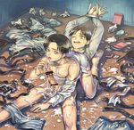  69 :o bare_shoulders bdsm black_hair bondage bound boxers_around_one_leg boy_on_top brown_hair collarbone cum cum_on_body cum_on_boy cum_on_upper_body erection eren_yeager gagharv992 indoors levi_(shingeki_no_kyojin) long_sleeves lying male_focus multiple_boys nipples on_back open_mouth oral partially_undressed penis saliva saliva_trail shingeki_no_kyojin shirt wet wet_clothes wet_shirt white_shirt wince yaoi 