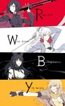  black_hair blake_belladonna blonde_hair blue_eyes bow breasts cape character_name column_lineup copyright_name crescent_rose cross dress ember_celica_(rwby) fingerless_gloves gauntlets gloves gun hair_bow holding holding_sword holding_weapon jewelry left-handed long_hair long_sleeves medium_breasts multiple_girls myrtenaster necklace one_eye_closed ponytail purple_eyes rapier ruby_rose rwby scar scythe short_hair simple_background smile sword weapon weiss_schnee white_hair yang_xiao_long yuzi_0116 
