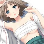  armpits arms_up bare_shoulders blue_eyes breasts brown_hair collarbone detached_sleeves hiei_(kantai_collection) kantai_collection kocha0224 looking_at_viewer lying medium_breasts on_back open_mouth sarashi short_hair solo wide_sleeves 