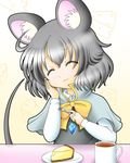  :3 ^_^ animal_ears blush cake capelet cheesecake closed_eyes coffee cup dish eating food fork grey_hair hand_on_own_cheek highres jewelry long_sleeves mouse_ears mouse_tail nazrin pendant ribbon satchii_(artist) short_hair solo tail touhou vest 