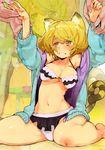  2boys absurdres animal_ears armpits arms_up barefoot bikini blonde_hair blood breasts cleavage clenched_teeth halterneck highres hood hooded_jacket hoodie hyocorou injury jacket large_breasts multiple_boys navel non-web_source off_shoulder original sitting solo_focus strap_gap sweat swimsuit tail teeth thighs tiger_ears tiger_tail toranoana underboob wariza white_bikini yellow_eyes zoom_layer 