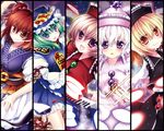  bad_id bad_pixiv_id blonde_hair blue_eyes flower green_hair hair_bobbles hair_ornament hat instrument keyboard_(instrument) lunasa_prismriver lyrica_prismriver merlin_prismriver mikazuki_sara multiple_girls onozuka_komachi orange_eyes purple_eyes red_eyes red_hair shiki_eiki touhou trumpet violin white_hair 