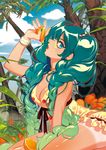  aqua_eyes bracelet braid breasts cleavage cloud day earrings food fruit green_hair hair_over_shoulder hatsune_miku highres jewelry long_hair looking_at_viewer medium_breasts mey88 necklace orange sky solo sunglasses tan tanline tree twin_braids twintails very_long_hair vocaloid 
