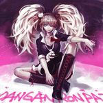  black_footwear blue_eyes boots breasts cleavage cross-laced_footwear danganronpa danganronpa_1 enoshima_junko hair_ornament knee_boots lace-up_boots large_breasts long_hair monokuma pink_hair school_uniform skirt sleeves_rolled_up smile solo spoilers twintails uroko_(mnr) 