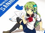  alternate_costume bad_id bad_pixiv_id black_legwear blush breasts frog_hair_ornament green_eyes green_hair hair_ornament hair_tubes hairclip headphones headphones_around_neck kochiya_sanae long_hair media_player paper_airplane school_uniform serafuku shoes short_sleeves sitting skirt small_breasts snake_hair_ornament solo takezaka_tarou thighhighs touhou zettai_ryouiki 