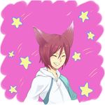  animal_ears closed_eyes fox_ears free! grin hood hoodie male_focus matsuoka_rin oka_(540777143) red_hair sharp_teeth smile star teeth 