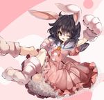  ;d animal_ears black_hair bunny_ears carrot carrot_necklace cis_(carcharias) dress frilled_skirt frills full_body gloves inaba_tewi looking_at_viewer one_eye_closed open_mouth paw_gloves paw_shoes paws pink_background pink_dress pom_poms puffy_sleeves ribbon shoes short_hair short_sleeves simple_background skirt smile solo touhou 