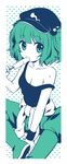  bare_shoulders blue_eyes blue_hair boots breasts food hair_ornament hat ica ice_cream kawashiro_nitori looking_at_viewer off_shoulder pants polka_dot polka_dot_background rubber_boots shirt short_hair simple_background sitting small_breasts solo strap_slip sweat sweatshirt touhou two_side_up 