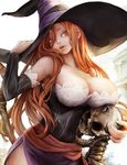  breasts brown_eyes brown_hair cleavage detached_sleeves dragon's_crown dress hat large_breasts long_hair nabe_(crow's_head) open_mouth sash side_slit skeleton skull solo sorceress_(dragon's_crown) strapless strapless_dress witch_hat 