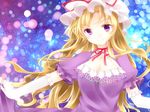  ajiriko bad_id bad_pixiv_id banned_artist blonde_hair bow breasts cleavage dress elbow_gloves gloves hair_bow hat highres long_hair medium_breasts purple_dress purple_eyes ribbon smile solo touhou white_gloves yakumo_yukari 