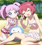  :d ^_^ ahoge akaza_akari beach bikini bikini_skirt blue_eyes cherry_print closed_eyes collarbone day double_bun floral_print food_print hair_bobbles hair_bun hair_intakes hair_ornament kneeling looking_at_viewer multiple_girls navel open_mouth outdoors pink_hair print_bikini red_hair sand shadow sitting smile strawberry_print swimsuit tonbi tree twintails v wet yoshikawa_chinatsu yuru_yuri 