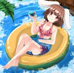  afloat ahoge animal_ears barefoot blue_sky brown_hair bunny_ears bush cloud cloudy_sky day drink highres inaba_tewi innertube noa_(nagareboshi) red_eyes reflection short_hair sky smile solo swimsuit touhou tropical_drink water 