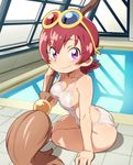  arm_support breasts broom cleavage competition_swimsuit eyewear_on_head feylin highres indoors looking_at_viewer medium_breasts one-piece_swimsuit pool poolside purple_eyes red_hair rei_no_pool short_hair sitting smile sunglasses swimsuit tanken_driland tenchisouha window yokozuwari 