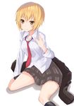  aiura bad_id bad_pixiv_id black_legwear blonde_hair gomashi_(goma) iwasawa_saki jacket jacket_removed kneehighs necktie pleated_skirt salute school_uniform short_hair sitting skirt solo vulcan_salute yellow_eyes 