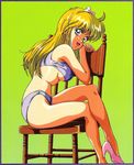  1girl 80s absurdres ass bikini blonde_hair blue_eyes chair highres long_hair mon-mon_(miyazaki_kenjin) official_art oldschool solo swimsuit 