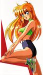  80s absurdres bare_shoulders blonde_hair bloomers blue_eyes breasts buruma covered_nipples erect_nipples highres long_hair looking_at_viewer mon-mon_(miyazaki_kenjin) navel official_art oldschool pose smile spandex stare staring tennis_shoes underboob underwear 