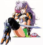  80s absurdres armor bikini_armor bird boots candy_(art_book) character_request elf high_heels highres jewelry long_legs mon_mon official_art oldschool original parrot pointy_ears purple_hair see-through shoulder_pads slime solo sword weapon 