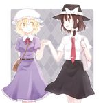  argyle argyle_background bad_id bad_pixiv_id bag blonde_hair bow brown_eyes brown_hair dress grey_background handbag hat holding_hands honotai maribel_hearn multiple_girls necktie open_mouth ribbon short_hair smile touhou usami_renko 