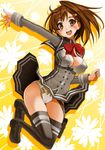  arm_up azarashing_day bad_id bad_pixiv_id boots breasts brown_eyes brown_hair cleavage covered_nipples highres himari_yaegaki jumping looking_at_viewer medium_breasts panties school_uniform short_hair side_ponytail skirt smile solo super_robot_wars super_robot_wars_operation_extend thighhighs underwear 