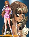  1girl 80s _hair bangs bare_shoulders blue_eyes boots breasts brown_hair cleavage cleavage_cutout dress elbow_gloves full_body gloves gun hand_on_hip hand_up head_tilt highres holding holding_weapon long_hair looking_to_the_side mon-mon_(miyazaki_kenjin) official_art oldschool pink_dress short_dress short_skirt sleeveless sleeveless_dress standing weapon white_boots white_gloves 