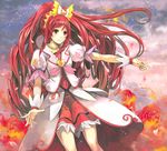 cloud cure_ace dokidoki!_precure fire flower light_smile long_hair madoka_aguri outstretched_arm petals ponytail precure red_eyes red_hair red_skirt rose skirt sky solo toromi_chuuka 