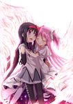  akemi_homura angel_wings bad_id bad_pixiv_id bangs black_hair black_legwear bow capelet closed_eyes dress eyebrows_visible_through_hair gerisita gloves hair_bow hair_ribbon highres hug hug_from_behind kaname_madoka long_hair long_sleeves magical_girl mahou_shoujo_madoka_magica multiple_girls open_mouth pantyhose pink_hair purple_eyes ribbon shirt skirt smile two_side_up ultimate_madoka very_long_hair white_dress white_gloves wings yuri 