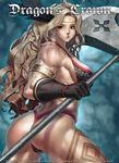  amazon_(dragon's_crown) armlet armor ass axe bikini_armor blonde_hair breasts circlet daichan_mona dragon's_crown eyeshadow feathers gloves halberd highres large_breasts lips long_hair looking_back makeup muscle muscular_female polearm solo tattoo weapon 