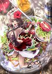  alcohol arched_back armpits ass beer beer_can blue_eyes bracelet braid breasts brown_hair can cross-laced_footwear dress flower frills hair_flower hair_ornament hibiscus jewelry large_breasts md5_mismatch no_bra no_panties okinawa open_mouth original orion_beer personification ribbon rice solo spoon sumomo_kpa taco_rice taco_rice-chan tomato 