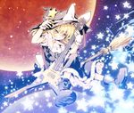  blonde_hair boots bow braid broom fingerless_gloves gloves guitar hat instrument kirisame_marisa long_hair moon paji smile solo star touhou witch_hat yellow_eyes 