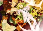  blonde_hair earrings enkidu_(fate/strange_fake) fate/strange_fake fate/zero fate_(series) gilgamesh green_hair jewelry lion long_hair male_focus multiple_boys necklace otoko_no_ko outstretched_arms red_eyes robe shishio 