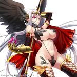  ;d armor blush breasts cape collar elbow_gloves gauntlets gloves hair_between_eyes head_wings highres large_breasts long_hair looking_at_viewer meiyaku_no_guardian_knights midriff navel one_eye_closed open_mouth original parted_lips pink_eyes pointy_ears revealing_clothes silver_hair simple_background smile stomach tattoo thighhighs tiara underboob very_long_hair weapon white_background wings yamacchi 